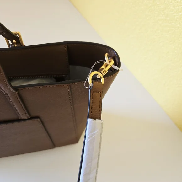 Tory Burch Emerson Top Zip Tote Moose Brown Saffiano Leather Crossbody Bag - Picture 7 of 16